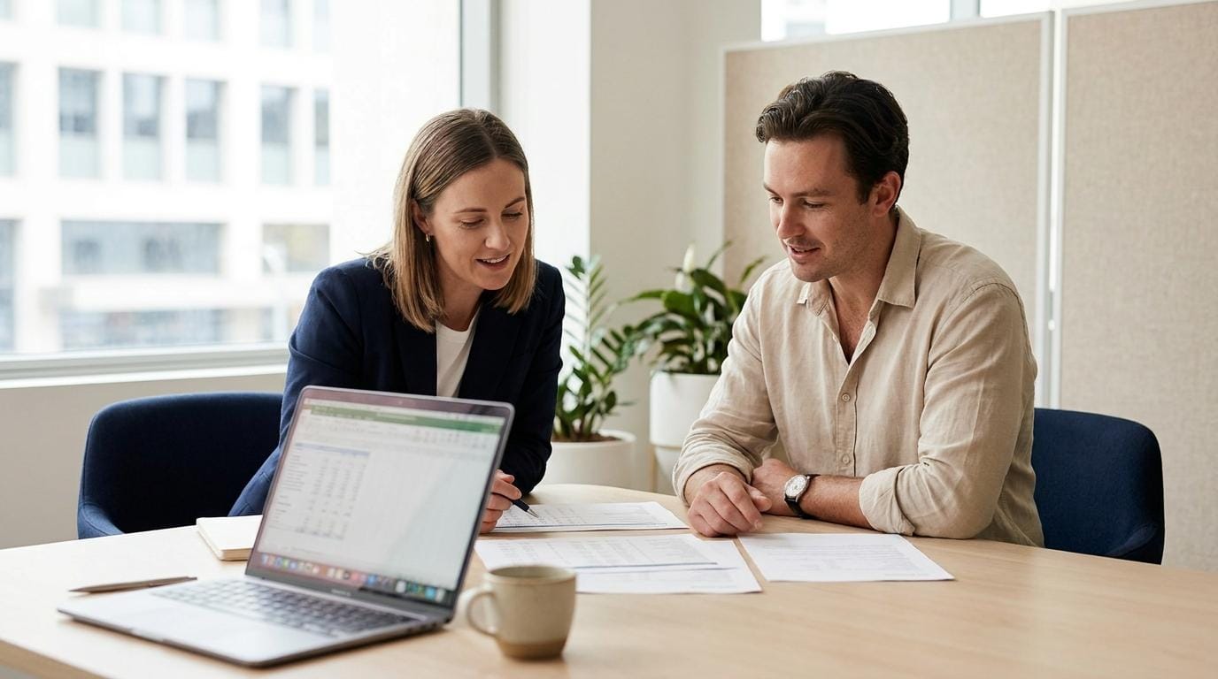 Company tax return Gold Coast, two accountants reviewing a set of printed business financial statements in an office